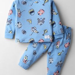 CUCUMBER Sinker Knit Full Sleeves Co-Ord Night Suit with Sports Print - Medium Sky Blue-picture-31