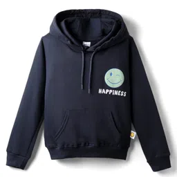Taeko Fleece Knit Full Sleeves Hooded Sweatshirt With Smiley Print & Kangaroo Pockets - Navy Blue-picture-24