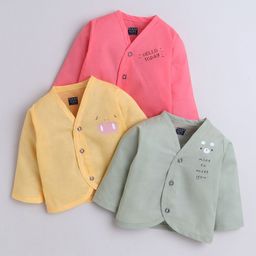 Polka Tots Cotton Woven Pack Of 3 Full Sleeves Typography & Animal Face Printed Jhablas - Pink Yellow & Light Green-image-82