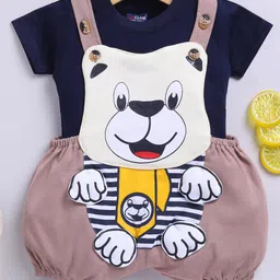 Jb Club Cotton Knit Cute Dog Patch Embroidered & Applique Detailed Dungaree With Half Sleeves Tee Set - Beige-picture-44