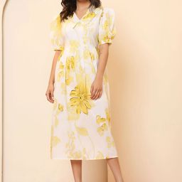 SHRIZA Tropical Print Peter Pan Collar Puff Sleeve A-Line Midi Dress-picture-2