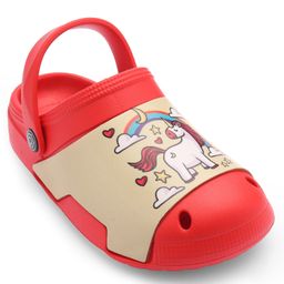 Cute Walk by Babyhug Clogs with Back Strap Unicorn Print - Red image 2