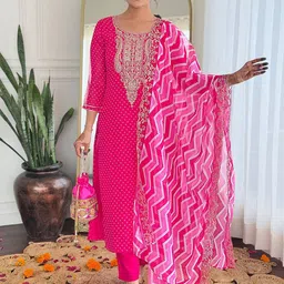 Fashion Care Navlik Bandhani Printed Round Neck Straight Kurta With Trousers & Dupatta-picture-7