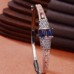 Zeneme Rose Gold Plated Gunmetal Toned Blue American Diamond Kada Bracelet-image-29