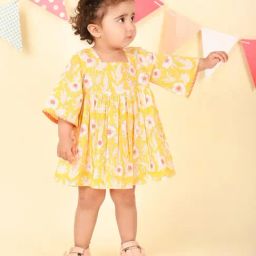 Fabindia Infant Girls Yellow Cotton Hand Block Printed Dress-picture-22