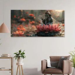 Nestroots Grey & Pink Canvas Serene Ganesha On Lotus Blossom Wall Painting - Single Frame-40