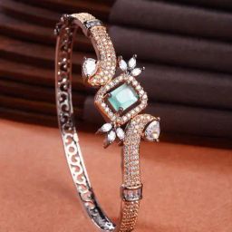 Zeneme Rose Gold Plated Gunmetal Brass Crystal Green AD Contemporary Bracelet-5