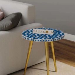 Casagold Floral Three Leg Bone Inlay With Gold Legs Side Table - Teal Blue-image-77