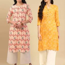 Rangita Yellow & Peach Floral Print Straight Kurta - Pack OF 2-image-24