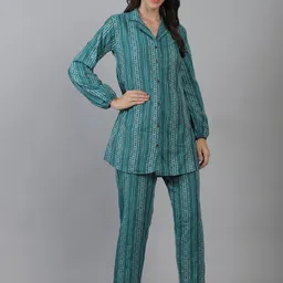 CORSICA Printed Cotton Collared Neck Long Sleeve Shirt With Trouser Co-Ords-image-88