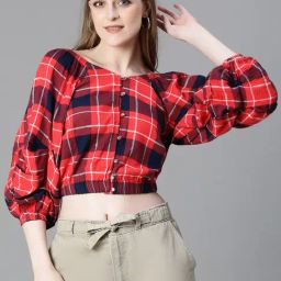 Oxolloxo Red Cotton Checks Crop Top-image-58