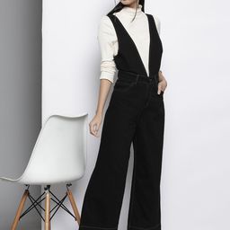 SASSAFRAS Black Deep V-Neck Cotton Denim Flared Leg Jumpsuit-17