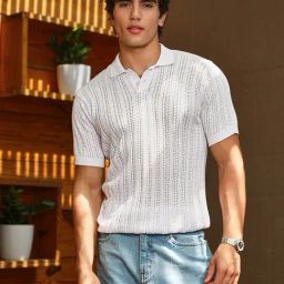 Campus Sutra White Regular Fit Self Pattern Polo T-Shirt-image-99