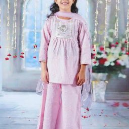 Little Bansi Kids Lilac Embroidered Kurta, Plazzos with Dupatta-59