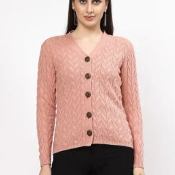 Kalt Peach Self Design Long Sleeves Cardigan-image-67