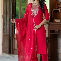 ASPORA Women Floral Embroidered Regular Sequinned Chanderi Silk Kurta with Trousers & With Dupatta-picture-57