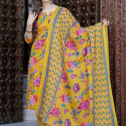 HERE&NOW Floral Printed Notch Neck Pure Cotton Kurta With Trousers & Dupatta-picture-20