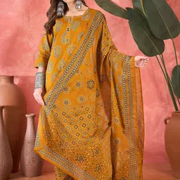 Sangria Floral Printed Notch Neck Pure Cotton Straight Kurta With Trousers & Dupatta-picture-18