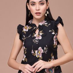 Oomph! Floral Printed Tie-Up Neck Flutter Sleeves Top-image-8