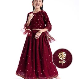 Pine Kids Woven Three Fourth Sleeves Lehenga Choli Set All Over Embroidered - Maroon-image-90
