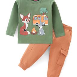 Babyhug 100% Cotton Single Jersey Knit Full Sleeves T-Shirt & Lounge Pant Fox Print - Brown & Olive Green-image-3