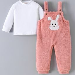 Kookie Kids Cotton Full Sleeves T-Shirt & Dungaree With Bunny Applique - White & Pink-image-61