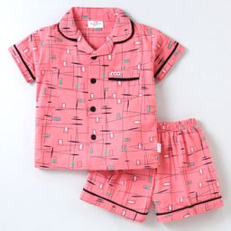 Mom's pet Cotton Woven Half Sleeves Abstract Printed Coordinating Shirt & Shorts Set  - Peach-image-87