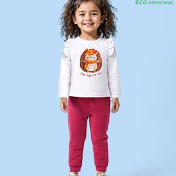 Babyoye 100% Cotton Solid Dyed Full Sleeves Frill Detailed Top & Lounge Pant Set with Text & Bear Print - White & Maroon-image-86