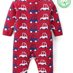 Babyhug Cotton Knit Full Sleeves Winter Wear Romper with Vehicles Print - Red-image-65