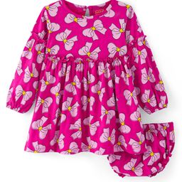 Babyhug Single Jersey Knit Full Peasant Sleeves Bow Printed Frock with Bloomer - Dark Pink-image-22
