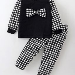 Kookie Kids Terry Knit Full Sleeves Printed Winter Wear Set With Bow Detailing - Black & White-image-53