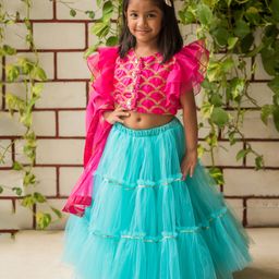 Fairies Forever Half Sleeves Sequin Embellished Choli & Lace Detailed Layered Lehenga With Dupatta - Pink And Blue-image-9