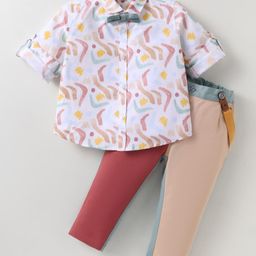 ToffyHouse 100% Cotton Woven Full Sleeves Printed Shirt & Trouser Set with Bow & Suspender - Tan & White-image-38