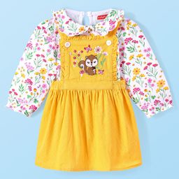 Babyhug Cotton Woven Full Sleeves Floral Printed T-Shirt With Peter Pan Collar & Squirrel Embroidered Frock - Yellow-image-95