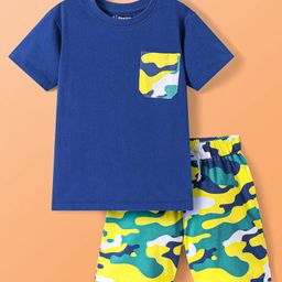 Pine Kids Single Jersey Knit Half Sleeves T-Shirt & Short Night Suitwith Abstract Print - Navy Blue-image-92