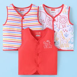 Babyhug 100% Cambric Woven Sleeveless Front Open Jhabla with Animal & Stripe PrintPack of 3 - Red & White-20