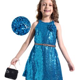 Hola Bonita Knit Sleeveless Halter Neck Party WearSequin Dress with Floral Applique -Royal Blue-image-76