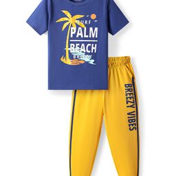 Honeyhap Premium Cotton Knit Half Sleeves Bio Finish Night Suit with Beach Theme Print - Limoges & Old Gold-picture-2