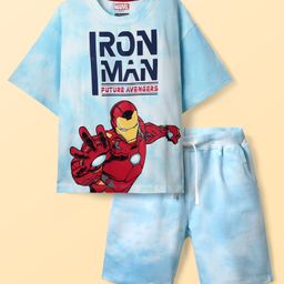 Pine Kids Marvel Single Jersey Knit Half Drop Shoulder Sleeves T-Shirt & Shorts Set With Avengers Graphics Tie & Dye Print & Badge Detailing - Light Blue-image-37