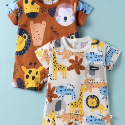 WOW Clothes Half Sleeves Rompers With Animal Print Pack of 2 - Brown & White-image-37