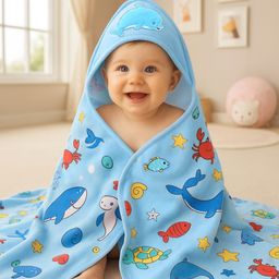 Babyhug Cotton Terry Knit Hooded Bath Towel with Sea Life Print L 76 x B 76 cm - Light Blue-image-91