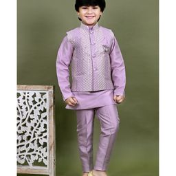 BT DEZINES Cotton Silk Full Sleeves Solid Kurta Pyjama With Threadwork Embroidered Sequins Embellished Jacket Set - Lilac-image-32