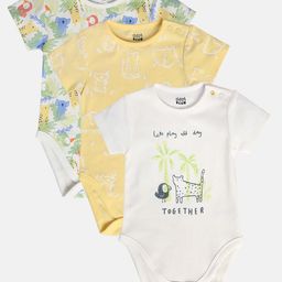 MINI KLUB Cotton Pack Of 3 Half Sleeves Baby Animals Printed Onesies - Yellow & White-image-24