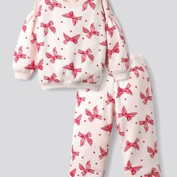 Bonfino 100% Cotton French Terry Heart Printed Full Sleeves Oversized Winter Wear Sweatshirt with Wide Leg Leggings Set - Light Pink-image-32