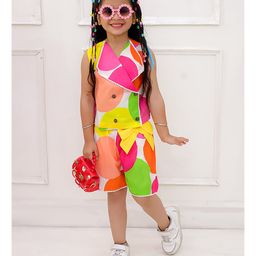 KID1 Cotton Woven Sleeveless Abstract Printed Top With Coordinating Shorts Set - Multi Colour-image-12