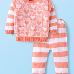 Babyhug Knit Full Sleeves Pullover Sweater Set With Heart & Stripes Design - Pink-image-40