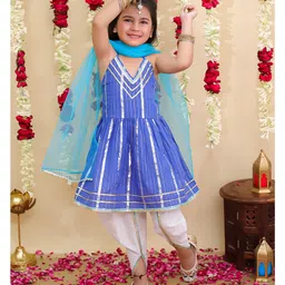 BownBee Pure Cotton Woven Sleeveless Foil Striped & Gota Lace Embellished Kurti Dhoti & Dupatta Set - Blue-picture-1