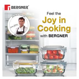 Bergner Borosilicate Glass Side Lock Storage Round Container with Lid - 400ml, Clear (Yellow Gasket) image 2