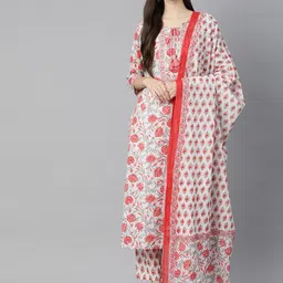 Chandbaali Floral Printed Tie-Up Neck Pure Cotton Straight Kurta With Trousers And Dupatta-image-36