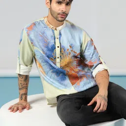 Prakatha Floral Printed Band Collar Roll-Up Sleeves Straight Kurta-image-82